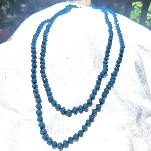 Vintage Faceted Denim Chalcedony Necklace Hand Knotted Denim Color 60" - Picture 2 of 5